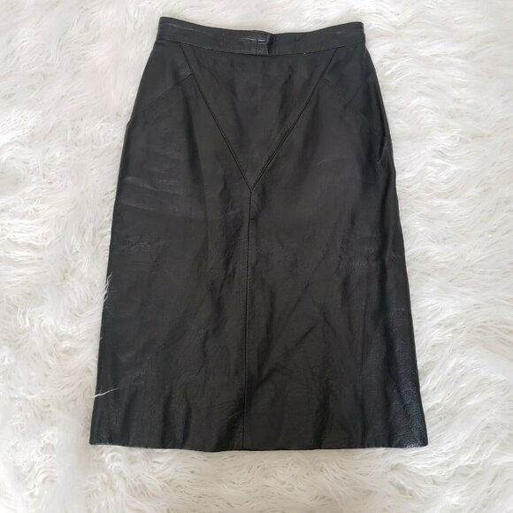 Vintage Echtes Leder size 34 US 4 Black‎ Leather High Waist 1980’s Skirt - Picture 1 of 9